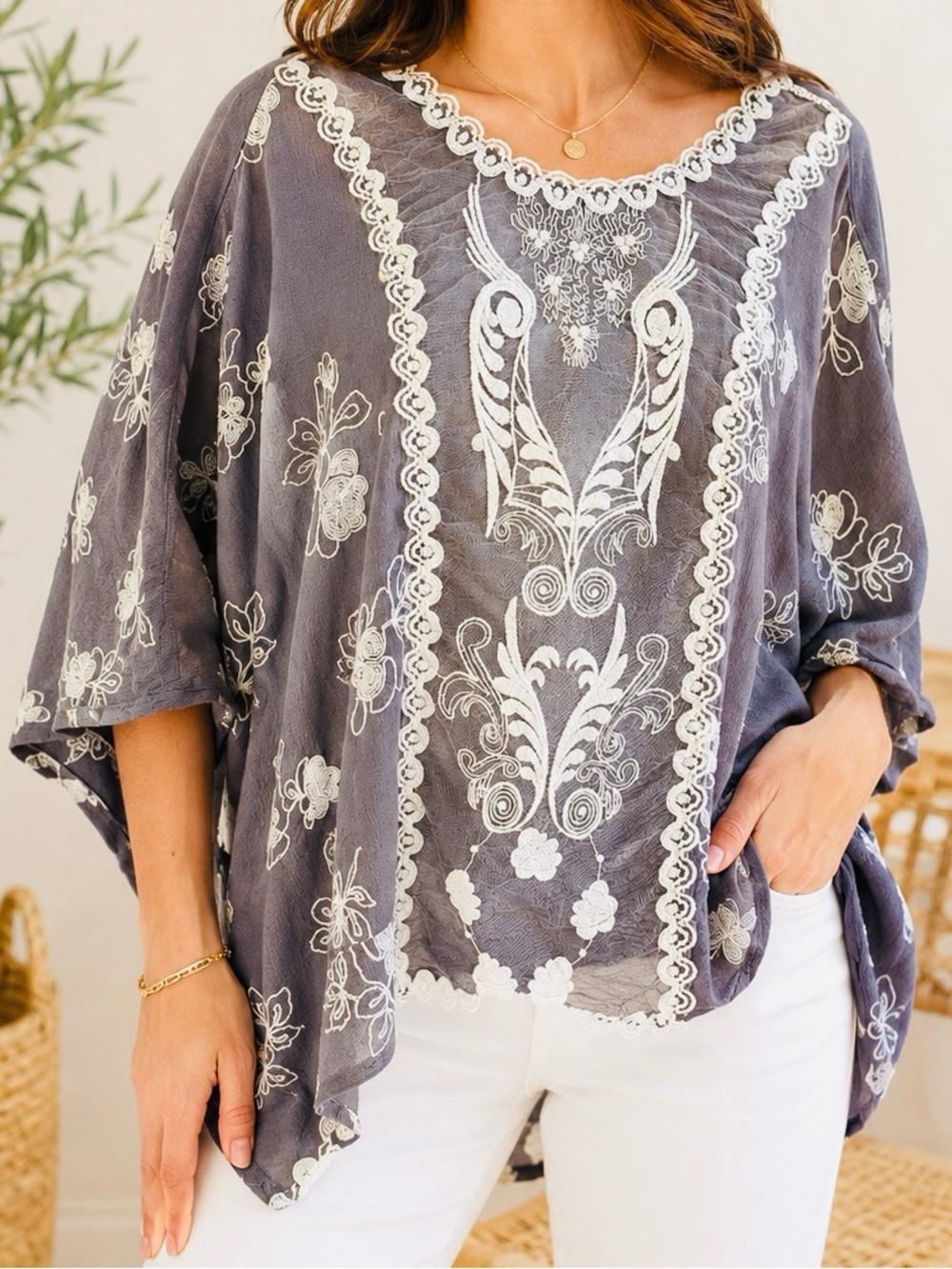 Umgee Boho Embroidered Tunic Top Lavender Purple White M/L Oversized Blouse